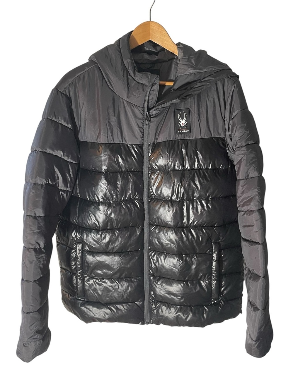 C38- Large Spyder Men's Black Hooded Quilted Puffer Jacket